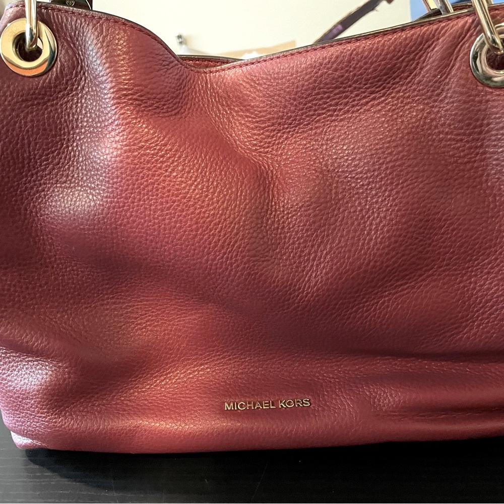 Michael Kors Raven Shoulder Bag Burgundy Leather Yellow Hardware
